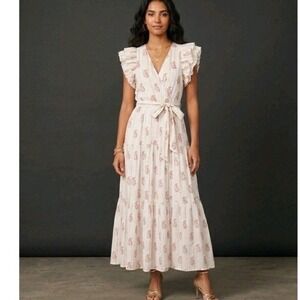 A Love A Pink Paisley Gold Metallic Tiered Cotton Maxi Dress Ruffle Sleeve L